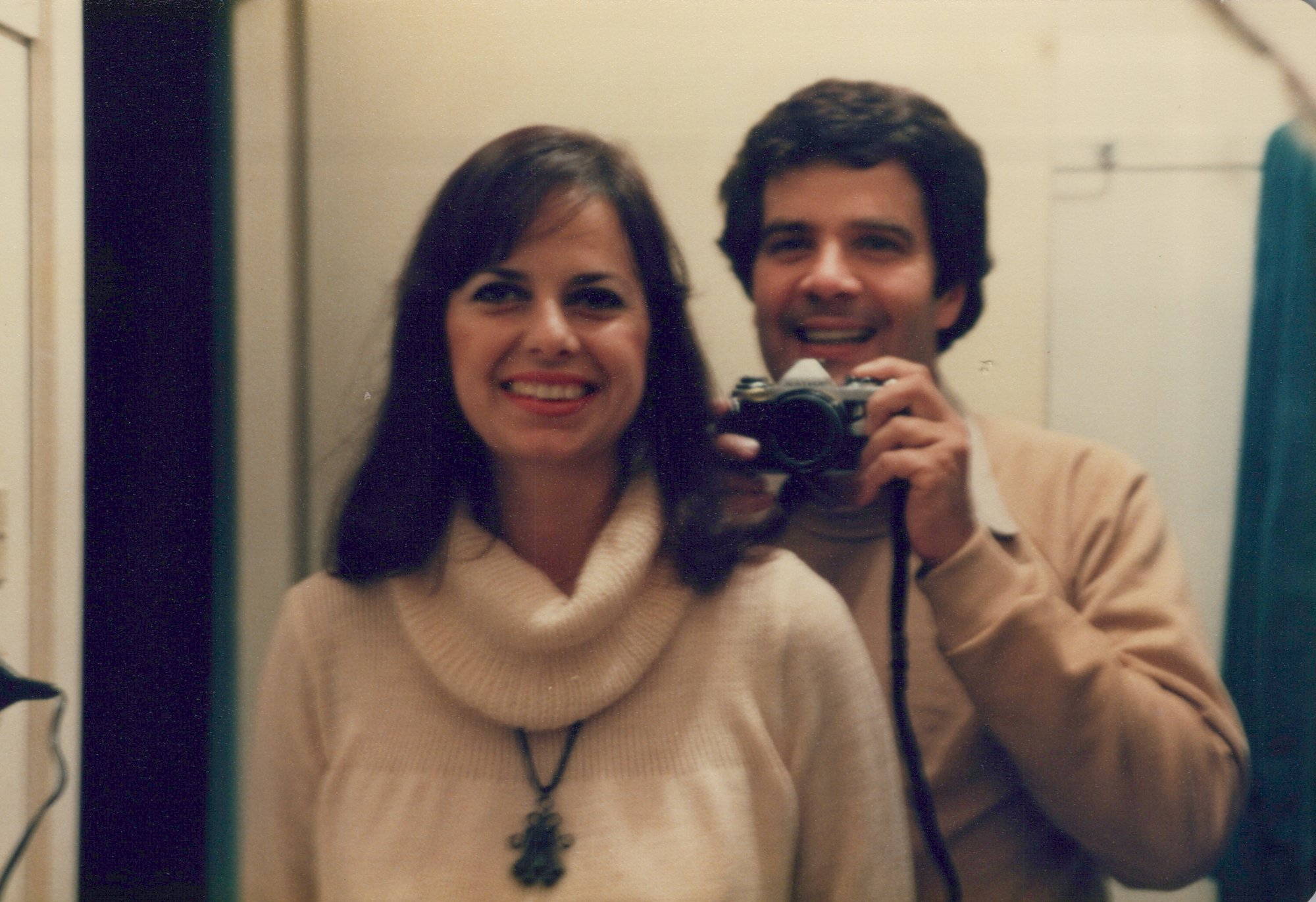 Simon Townsend with wife Rosanna, candid mirror selfie, 1980s