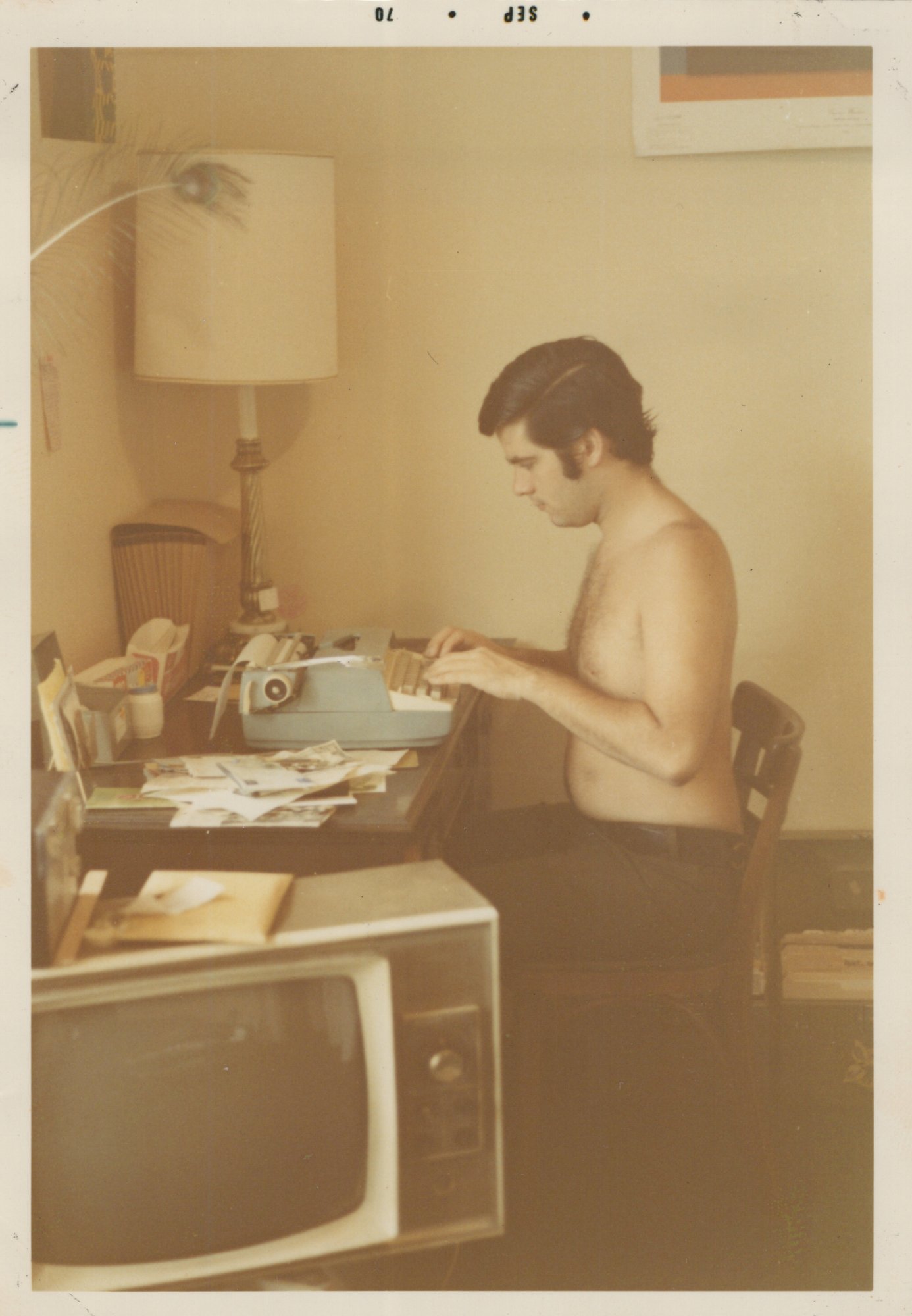 Simon Townsend at his typewriter, September 1970
