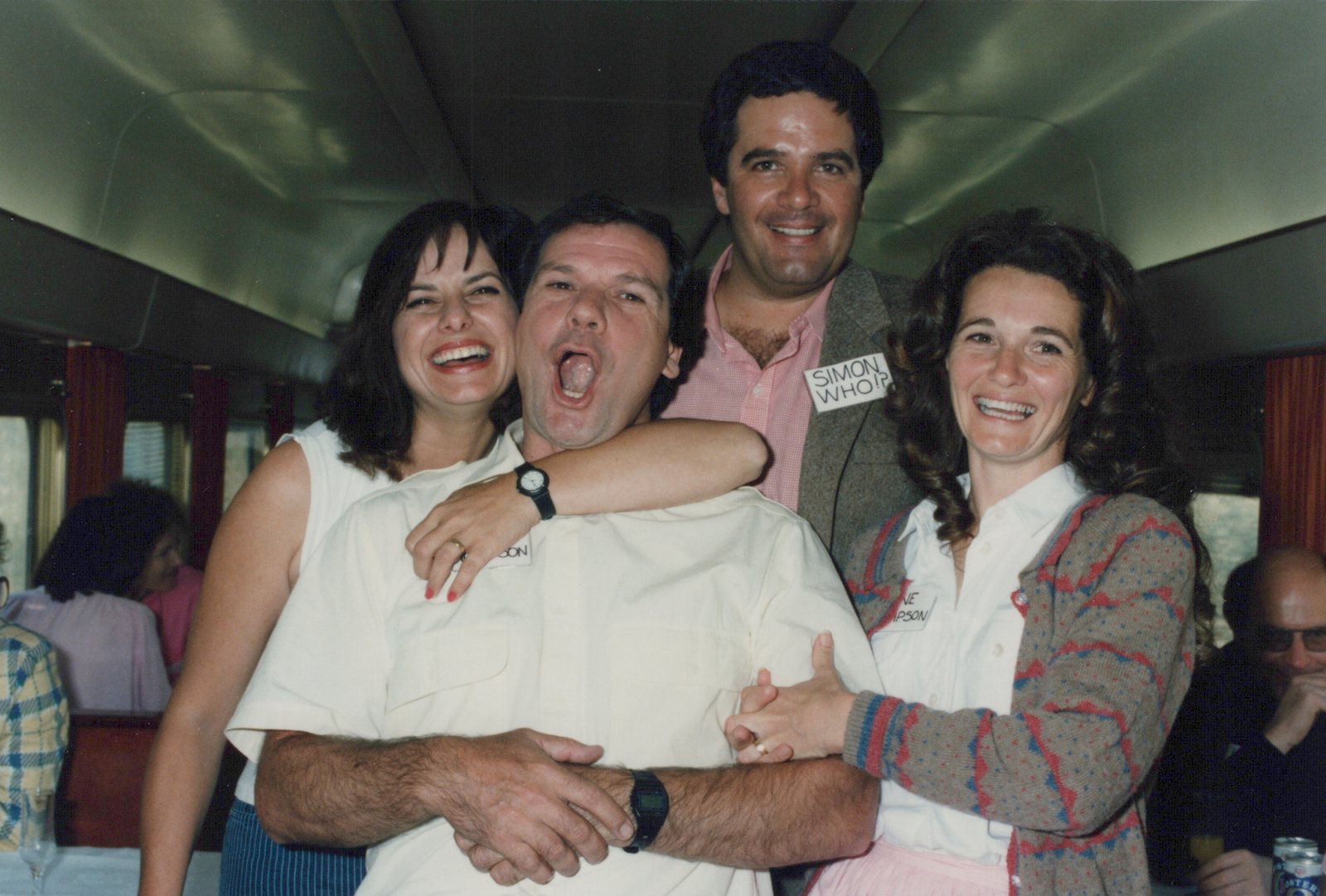 Wonder World crew clowning at a reunion held in a railway dining carriage