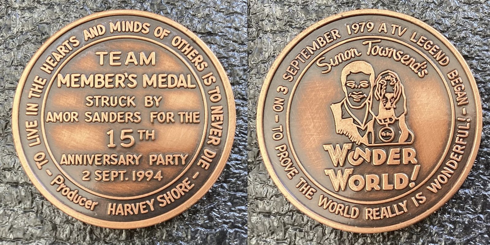 The Wonder World 15th-anniversary team member's medallion, which credits producer Harvey Shore