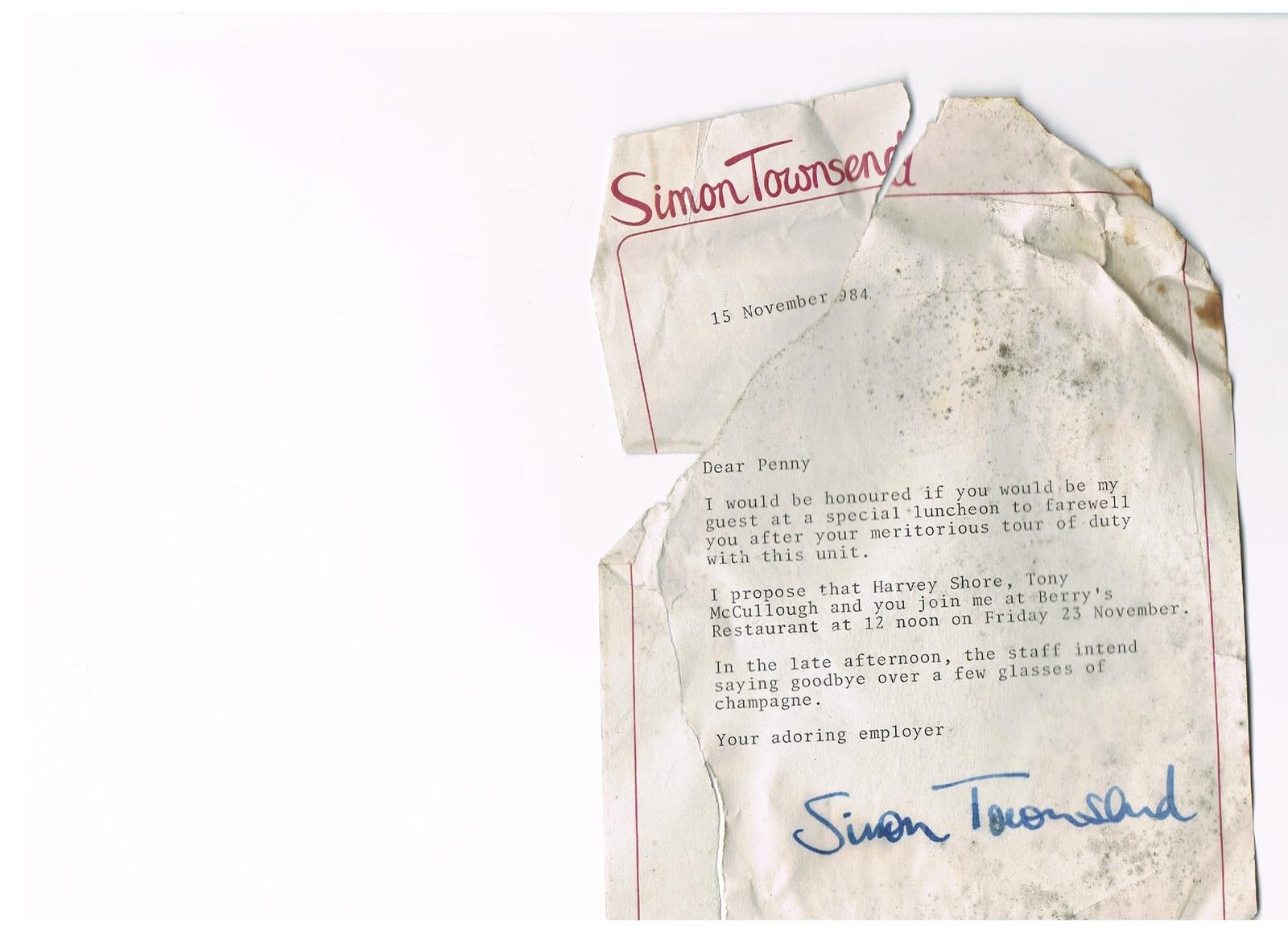 A 1984 farewell letter on Simon Townsend letterhead, signed 'Your adoring employer, Simon Townsend'