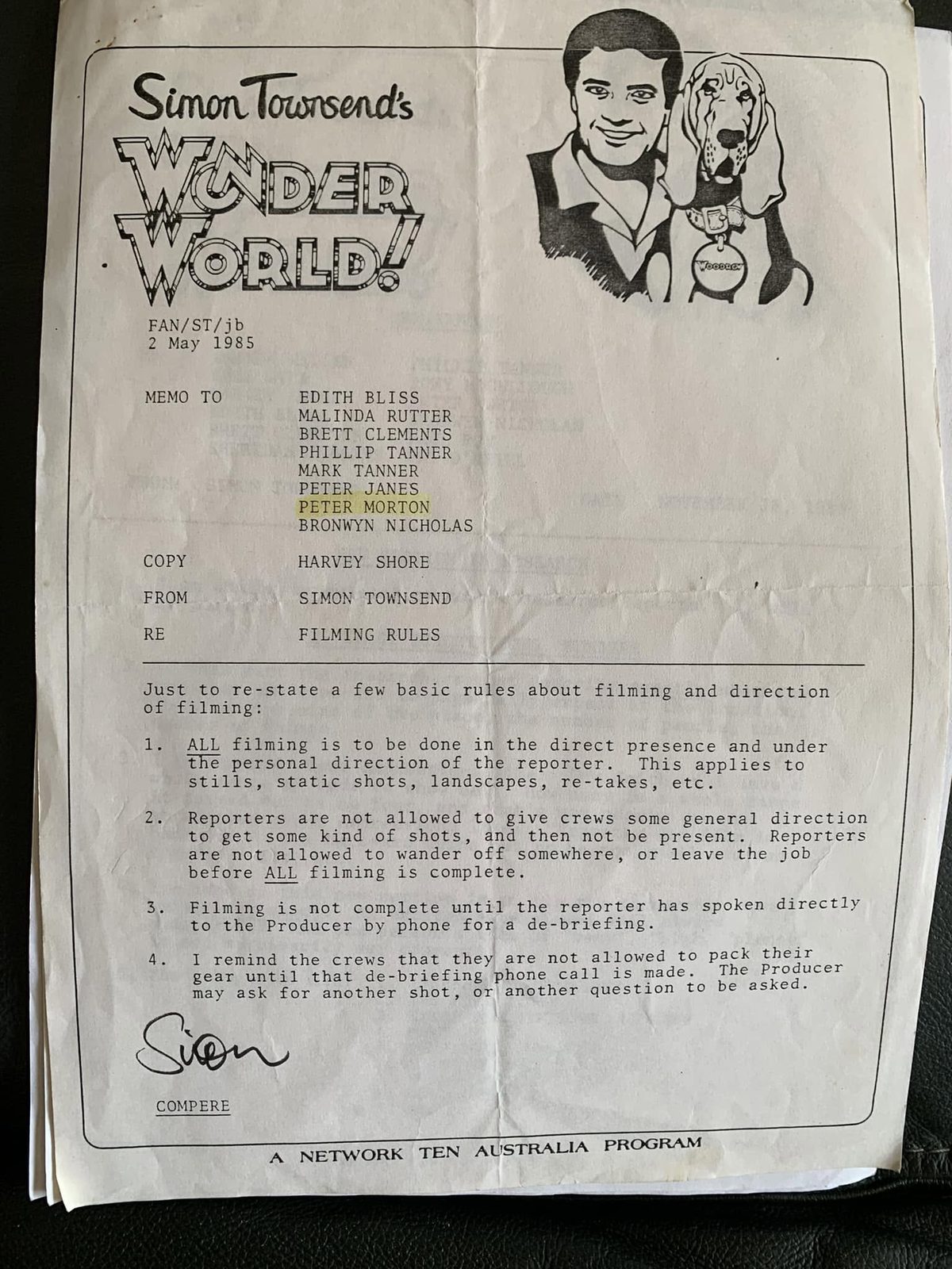 A 1985 Wonder World memo from Simon Townsend setting out filming rules, addressed to the reporters