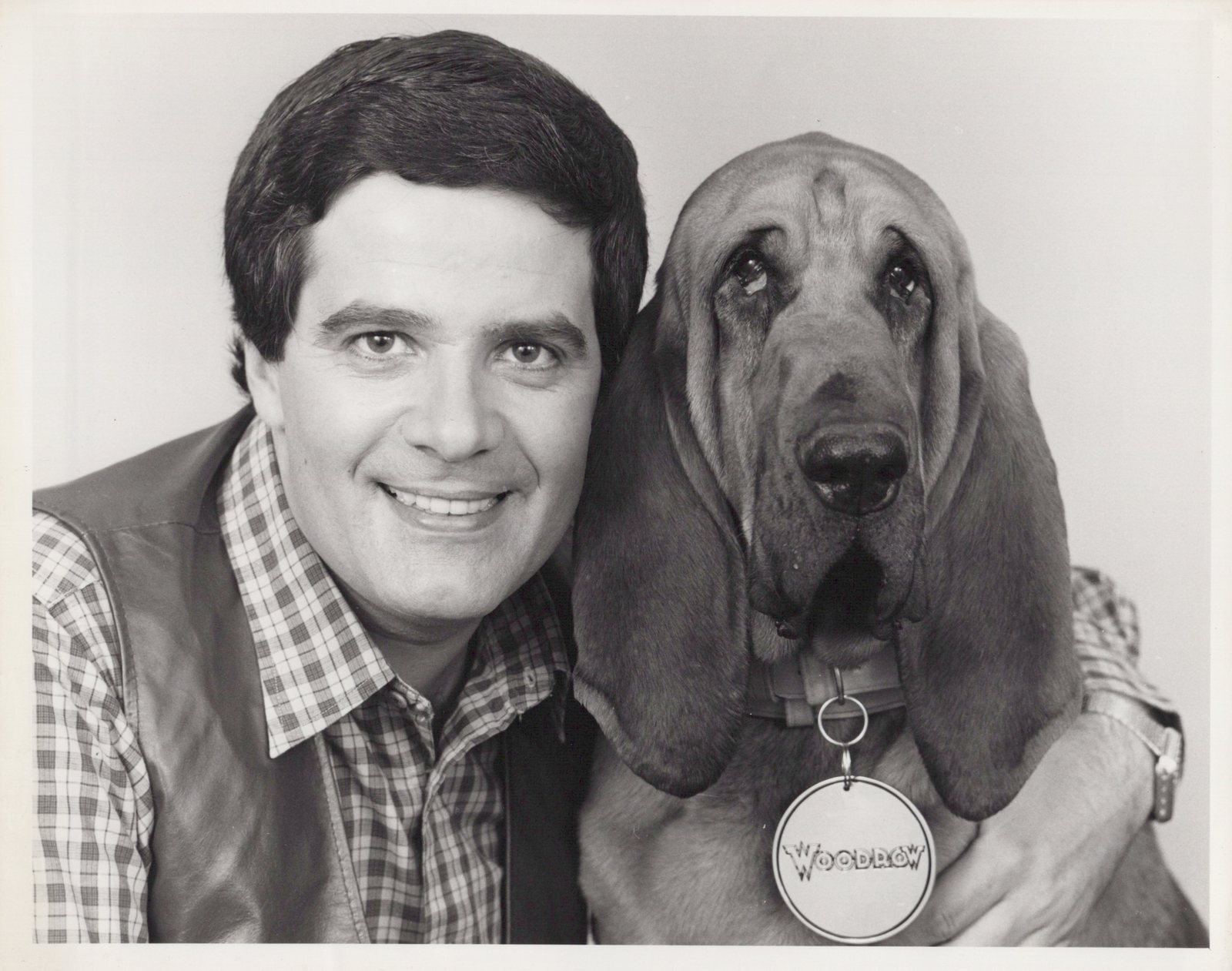 Simon Townsend with Woodrow the bloodhound, 1981, Woodrow wearing his engraved name medallion